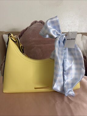ALDO Yellow Crescent Shoulder Bag with Blue Gingham Bow Accent